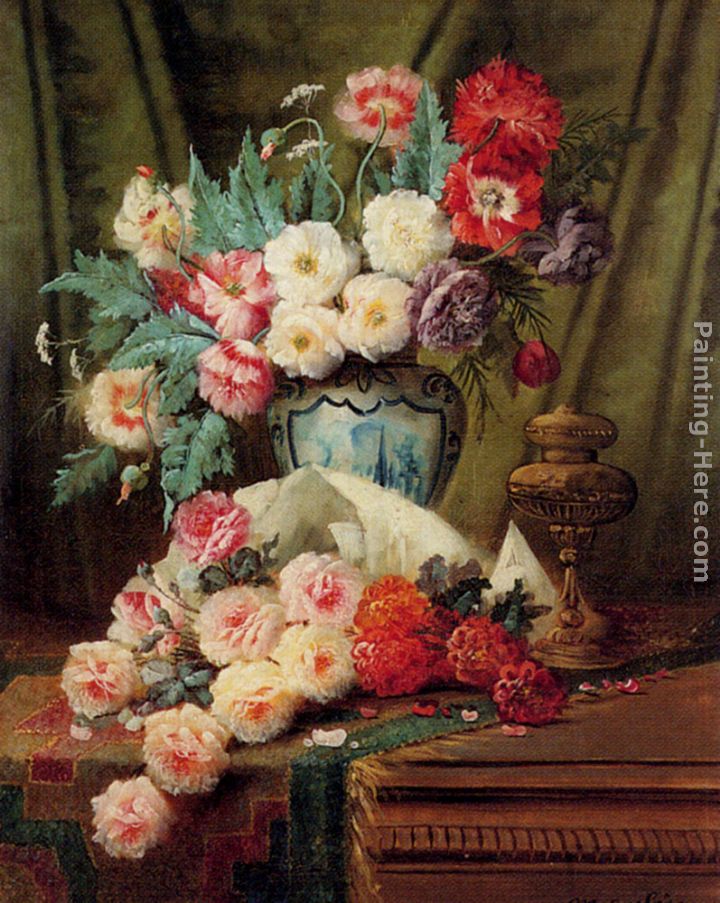 Still Life Of Roses And Other Flowers On A Draped Table painting - Modeste Carlier Still Life Of Roses And Other Flowers On A Draped Table art painting